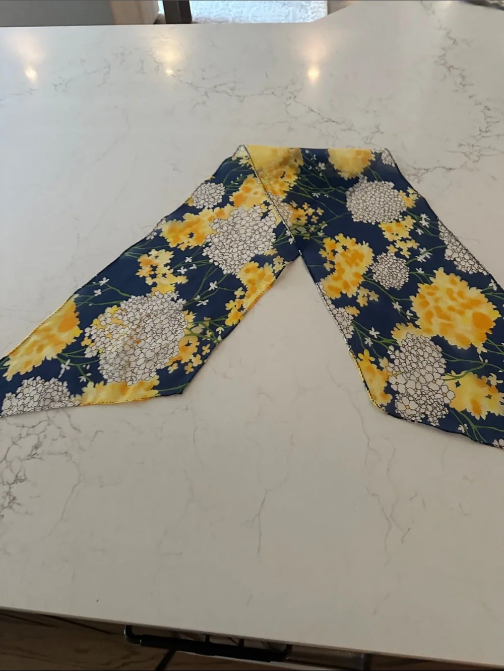 Navy Floral Chiffon Scarf with Yellow & White Blooms
